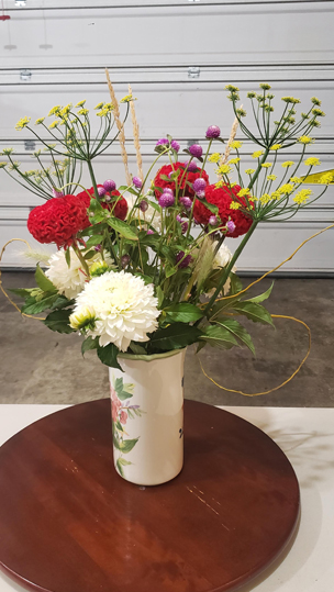 Red Cockscomb, White Dahlias , Purple Gomphrena, Yellow Dill, Dried Grasses, Curly Willow, & Weigela Greens